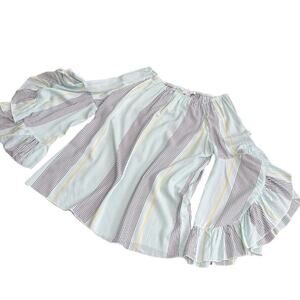 FEVER Striped Off Shoulder Blouse Boho Tiered Ruffled Sleeves Large Top